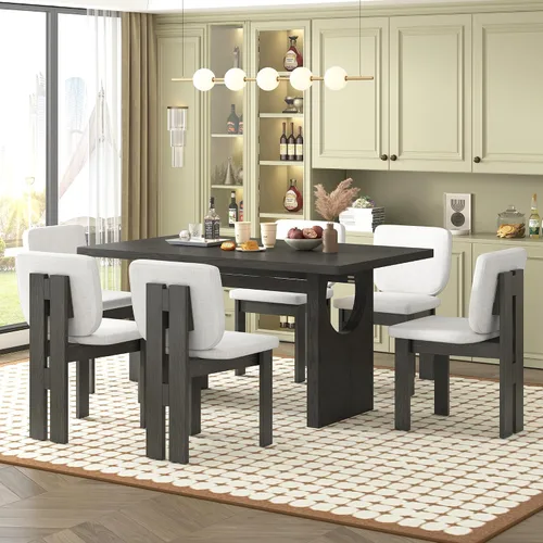 Vista 8 de Merax Juego de mesa de comedor de madera para 6, mesa rectangular/sillas tapizadas/diseño geométrico retro, ideal para comedor y cocina, natural