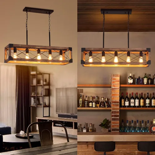 Vista 3 de Iluminación de isla de cocina, 33.5 pulgadas, 5 luces, lámpara lineal de granja para comedor, mesa de billar, lámpara colgante, acabado de grano
