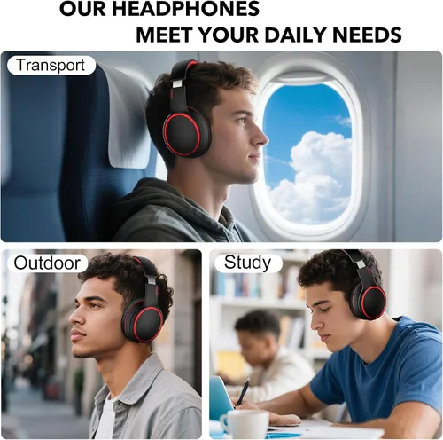 Vista 7 de B10 auriculares Bluetooth supraaurales, 2 modos de música EQ (Normal/Graves) y 50 horas de reproducción, auriculares inalámbricos con micrófono
