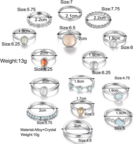 Vista 6 de YOOESTORES82 Juego de anillos bohemios de cristal vintage, anillos de nudillos de diamantes de imitación para mujer, anillos apilables bohemios