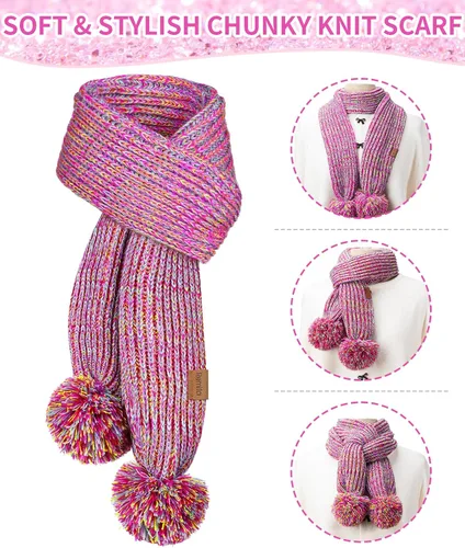 Vista 6 de Remifa Conjunto de bufanda y gorro de invierno para niños y niñas, con forro polar con pompón, bufanda larga, guantes cálidos