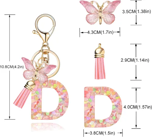 Vista 2 de Llavero de Letra Inicial del Alfabeto de Moda con Borla y Colgante de Mariposa, Anillo de Llaves para Bolso, Carteras, Mujeres y Niñas
