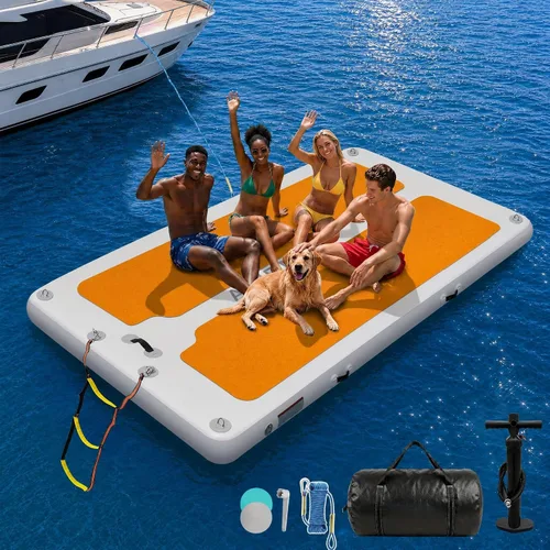 Vista 7 de AWEMUFA Muelle flotante inflable con rampa de 5 pies/6 pies/8 pies/10 pies, plataforma flotante flotante, tapete flotante de isla flotante, flotador
