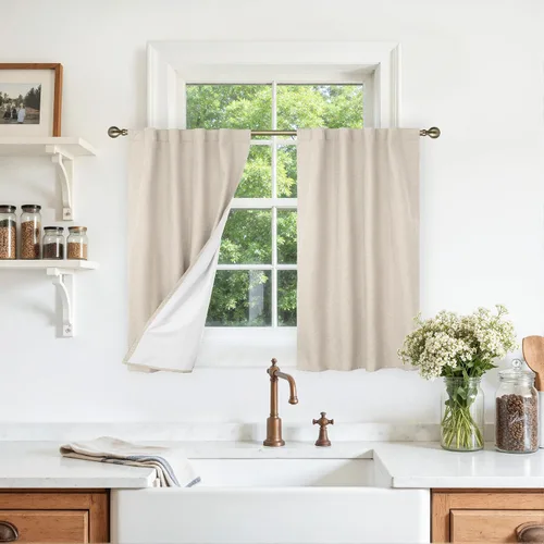 Vista 77 de LAMIT Cortinas opacas cortas de lino de 30 pulgadas para ventanas de cocina sobre el fregadero, cortinas de café texturizadas de lino marfil