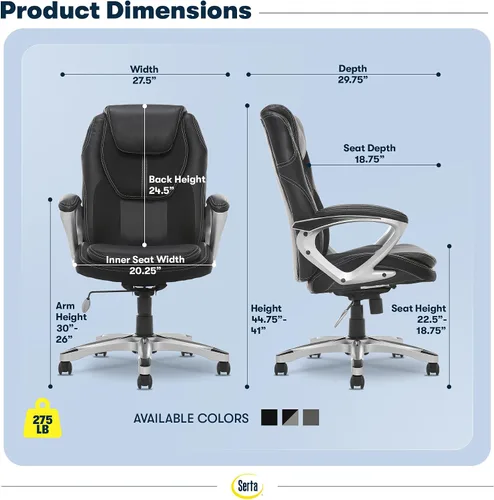 Vista 3 de Silla Serta, Negro Contoured Lumbar Lower Back Support, Back Pain Relief Chair, Adjustable Height and Recline, Work From Home Desk Chair, Black