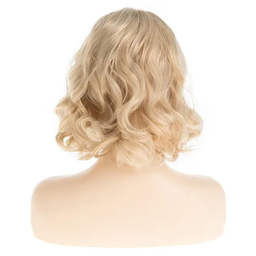 Vista 4 de Peluca corta ondulada rubia para mujer, peluca sintética con parte lateral para Halloween, cosplay, peluca de pelo Rubio