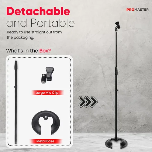 Vista 6 de The Promaster - Soporte de micrófono de base redonda, portátil y ajustable con compatibilidad universal, soporte de metal para micrófono de calidad
