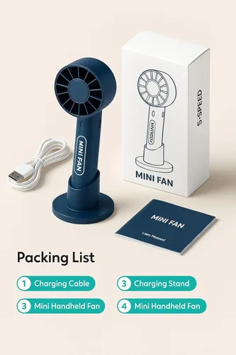 Vista 4 de Mini ventilador de mano – Ventilador portátil recargable por USB, 5 velocidades, silencioso y potente ventilador personal para viajes, escritorio
