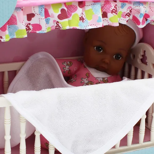 Vista 4 de Baby's First Cuna afroamericana con dosel con muñeca de cuerpo suave de 9 pulgadas y manta de bebé, segura para niños de 3 años en adelante
