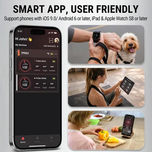 Vista 4 de TempPro - Termómetro inalámbrico de carne de 500 pies para cocinar, sondas de colores largas y cortas, termómetro Bluetooth para carne ahumador