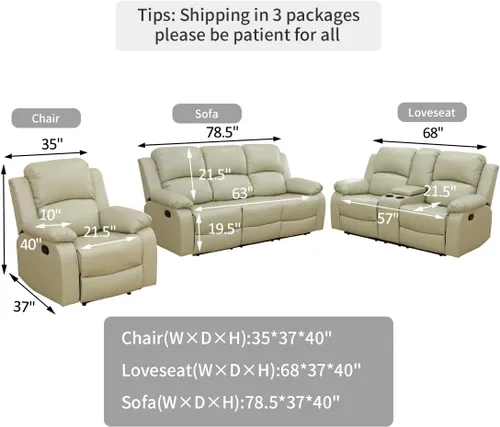 Vista 2 de Juego de Muebles para Sala de Estar, Juego de Sofá Reclinable Manual, Juegos de Sofás Reclinables de Cuero Beige con Mesa Desplegable, Sofá