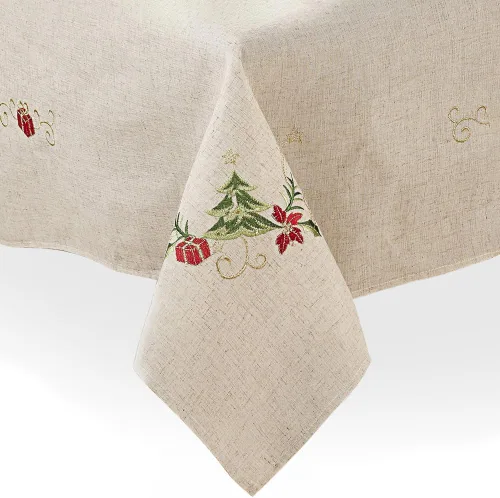Vista 5 de SARO LIFESTYLE Mantel bordado de mezcla de lino con diseño de árbol de Navidad, natural, 67 x 180 pulgadas
