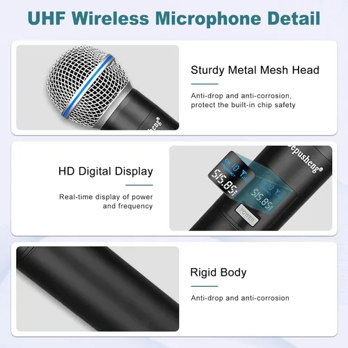 Vista 6 de Depusheng Micrófono inalámbrico, micrófono recargable, micrófono inalámbrico dinámico de mano para cantar karaoke, boda, DJ, fiesta, discurso