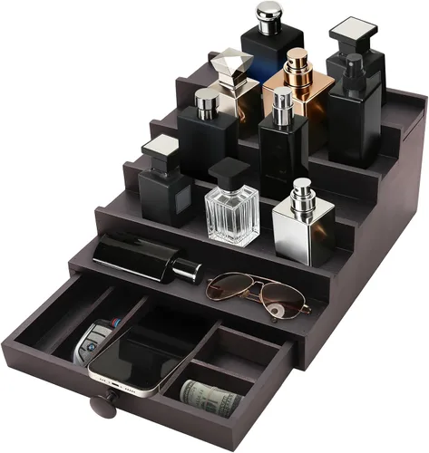 Vista 3 de 5 Tier Men's Cologne Organizer, Black Wood Display Stand Holder with Drawer Negro-5 niveles
