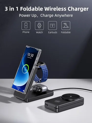 Vista 3 de Cargador inalámbrico magnético 3 en 1 para Samsung, estación de carga plegable Android para Galaxy S26/S25 Ultra /S24/Z Fold 7/Flip 7, soporte