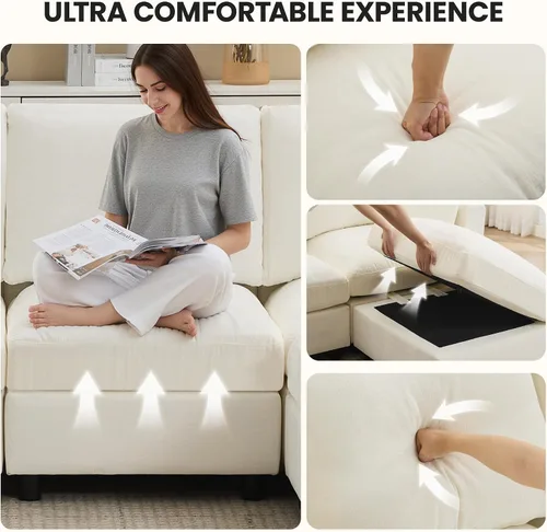 Vista 3 de 63" sofá seccional modular de Loveseat con otomana movible para sala de Beige