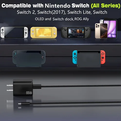 Vista 2 de EGK Cargador de 10 pies para Nintendo Switch (todas las series), adaptador de corriente de CA de 65 W, cable de carga rápida para Switch 1/2 Dock