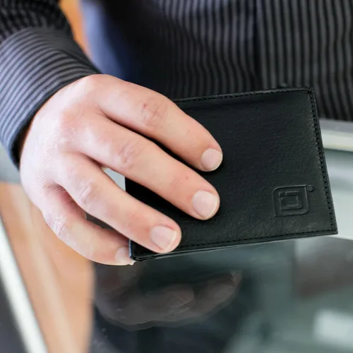 Vista 4 de Cartera RFID de cuero genuino plegable con 6 ranuras - Carteras protectoras para hombre, Negro