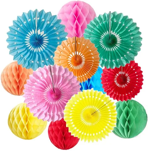 Vista 11 de 12 piezas de bolas de panal de 6 pulgadas y 8 pulgadas, abanicos de papel de seda, abanicos de bolas de panal para fiestas, decoraciones de pared