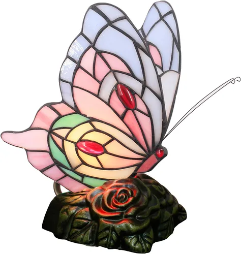 Vista 10 de Pequeña lámpara de mesa Tiffany de vidrio manchado Lámpara de escritorio de mariposa de 7X5X9.8 pulgadas Luz de acento antigua