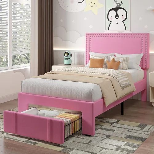 Vista 8 de VECELO Base de cama de plataforma de tamaño individual con cabecera tapizada de altura ajustable, base de colchón moderna, soporte de listones