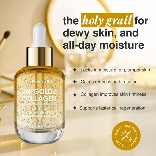 Vista 2 de The Beauty Elixir Suero de colágeno para cara con oro de 24 quilates, probado por dermatólogos, antienvejecimiento, ultra hidratante, líneas finas