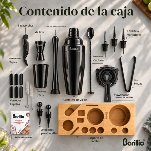 Vista 2 de Barillio Black Bartender Kit – Juego de coctelera de acero inoxidable con soporte de bambú – Herramientas de barra de mixología con coctelera