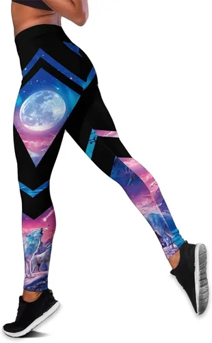 Vista 3 de Conjunto de dos piezas con estampado 3D y camiseta sin mangas con estampado en 3D para mujer, color nube, luna y lobo blanco