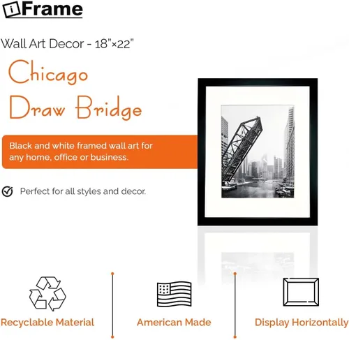 Vista 2 de iFrame Impresión de puente de dibujo de Chicago con paspartú para fotos, arte de pared de la ciudad de Chi en blanco y negro