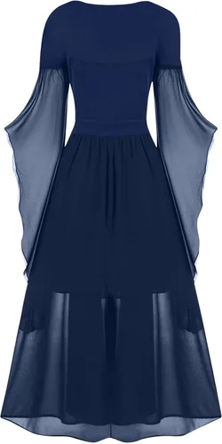 Vista 2 de FlekmanArt Vestido punk gótico medieval irlandés para mujer, disfraz de Halloween, hombros descubiertos, vestido de manga de mariposa