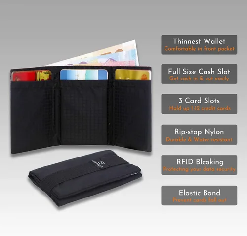 Vista 2 de LIGHT FOLD Slim Minimalist Wallets for Men Trifold Nylon Card Holder Men's Wallet Ultra Thin & Stylish Design Front Pocket Wallet with RFID Blocking