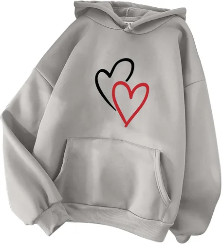 Vista 3 de Sudadera con capucha para mujer, casual, de manga larga, con estampado de corazón, a la moda, de gran tamaño, ropa de otoño con bolsillo