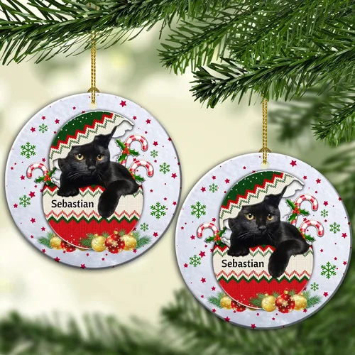 Vista 4 de Adorno colgante personalizado para decoración del árbol de Navidad de gato negro, adorno de bola de Navidad de gato negro, adorno de Navidad
