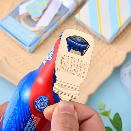 Vista 6 de Abrebotellas de bebé, 24 piezas, llavero con huella de oso y niño, abrebotellas con caja de regalo azul, recuerdos de fiesta de baby shower