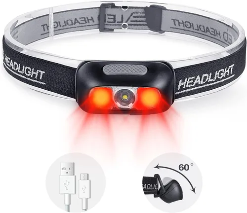 Vista 8 de Linterna frontal recargable, ultra brillante de 500 lúmenes, 5 modos de iluminación con luz roja, IPX4, impermeable, correa ajustable, linterna