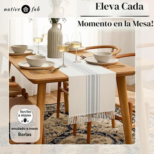 Vista 9 de Native Fab Camino de mesa a rayas grises – Mantel bohemio de 72 pulgadas de largo con borlas – 100% algodón, tejido apretado, mantel antideslizante