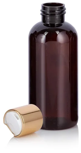Vista 3 de JUVITUS Botella redonda Boston de plástico PET de 4 oz / 4.1 fl oz (sin BPA) con tapa de disco dorada (paquete de 12) (ámbar)