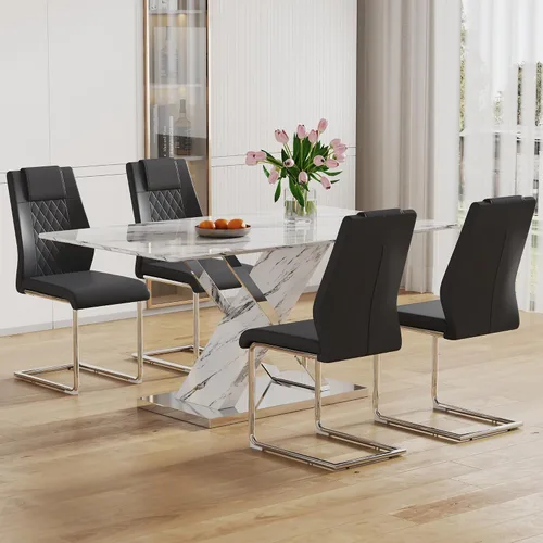 Vista 28 de Juego de mesa de comedor de mármol para mesa rectangular blanca de 6.63 pulgadas con marco de metal plateado en forma de X y 6 sillas de comedor