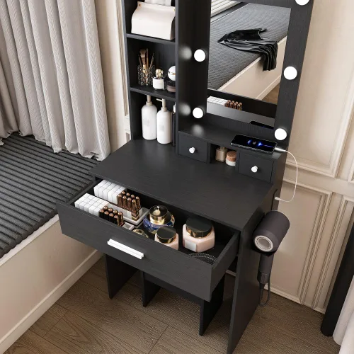 Vista 4 de Mesa de tocador con espejo y luces LED ajustables, toma de corriente, soporte para secador de pelo y taburete, para dormitorios pequeños (blanco)