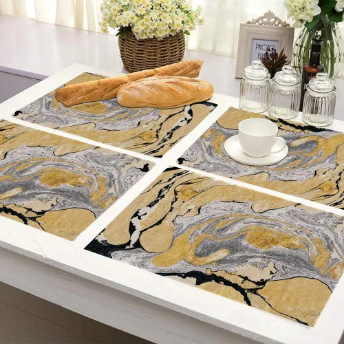 Vista 6 de Juego de 4 manteles individuales negros y dorados, con tinta de mármol negro, dorado, plateado, pintura abstracta, hermoso efecto gris, aguamarina