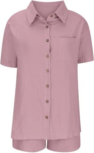 Vista 5 de OPHPY Conjunto de dos piezas para mujer, conjunto de lino de 2 piezas de verano, camisas sueltas con botones y pantalones cortos, conjunto