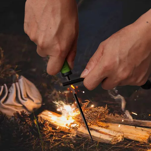 Vista 5 de Cuchillo de caza de hoja fija, hoja de acero inoxidable, cuchillo de hoja fija con funda, arrancador de fuego, sacapuntas, silbato y brújula