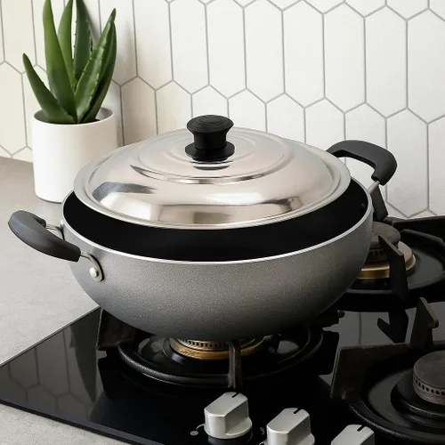Vista 3 de DBY Kadai antiadherente con tapa de acero inoxidable de 2 litros de sartén profunda antiadherente Kadhai indio para curry, freír y salsa de gas