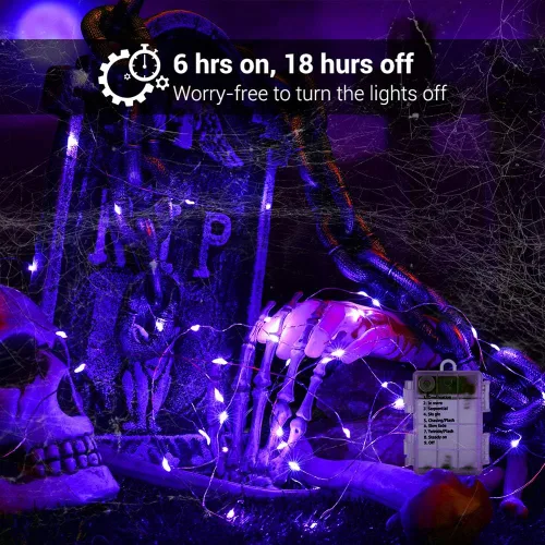 Vista 3 de BrizLabs Luces moradas de Halloween, 19.47 pies, 60 luces LED de Halloween, 8 modos de luz morada con control remoto, luz parpadeante impermeable al