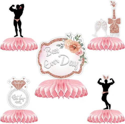 Vista 5 de Paquete de 9 centros de mesa de nido de abeja de oro rosa, suministros de decoración de despedida de soltera para mujer