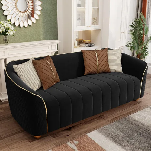 Vista 7 de Sofá de lujo de terciopelo retro de 3 plazas, cómodo sofá biplaza tapizado de terciopelo de 86 pulgadas con patas y almohadas de metal dorado, sofá