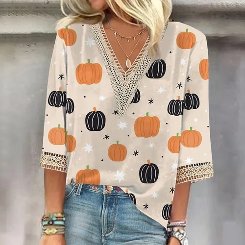 Vista 2 de Tops para mujer, casual, otoño, cuello redondo, manga 34, estampado elegante, camiseta suelta