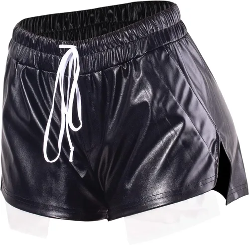 Vista 6 de Pantalones cortos de cuero para mujer, sexy, bolsillo de retazos, abertura lateral, con cordón