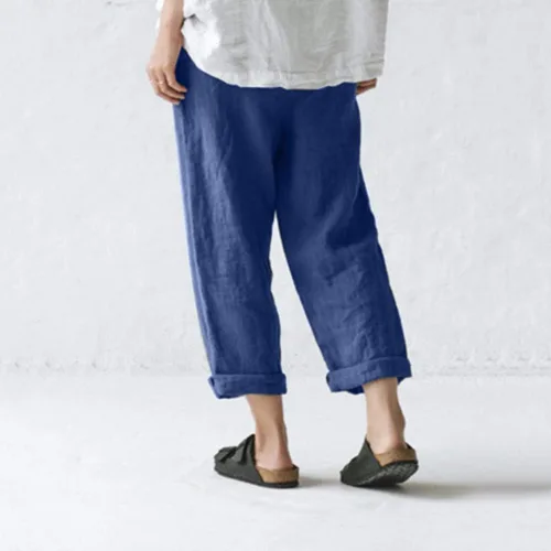 Vista 2 de JOFOW Pantalones para mujer de lino sólido Casual largo recto pierna pantalones