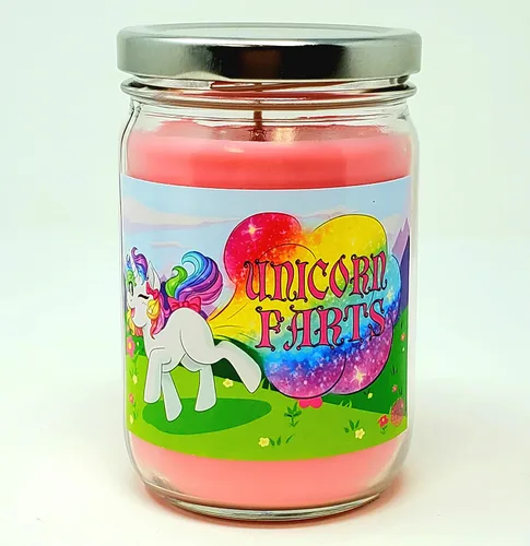 Vista 13 de Vela perfumada Unicorn Farts, aroma a refresco de uva, vela de cera de soja totalmente natural (3 mechas grandes, refresco de uva morada)